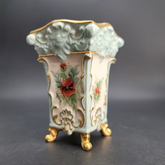 Royal Crown China Vase Square Floral Signed Green Cream Gold Trimmed Cr603 - Picture 3 of 8